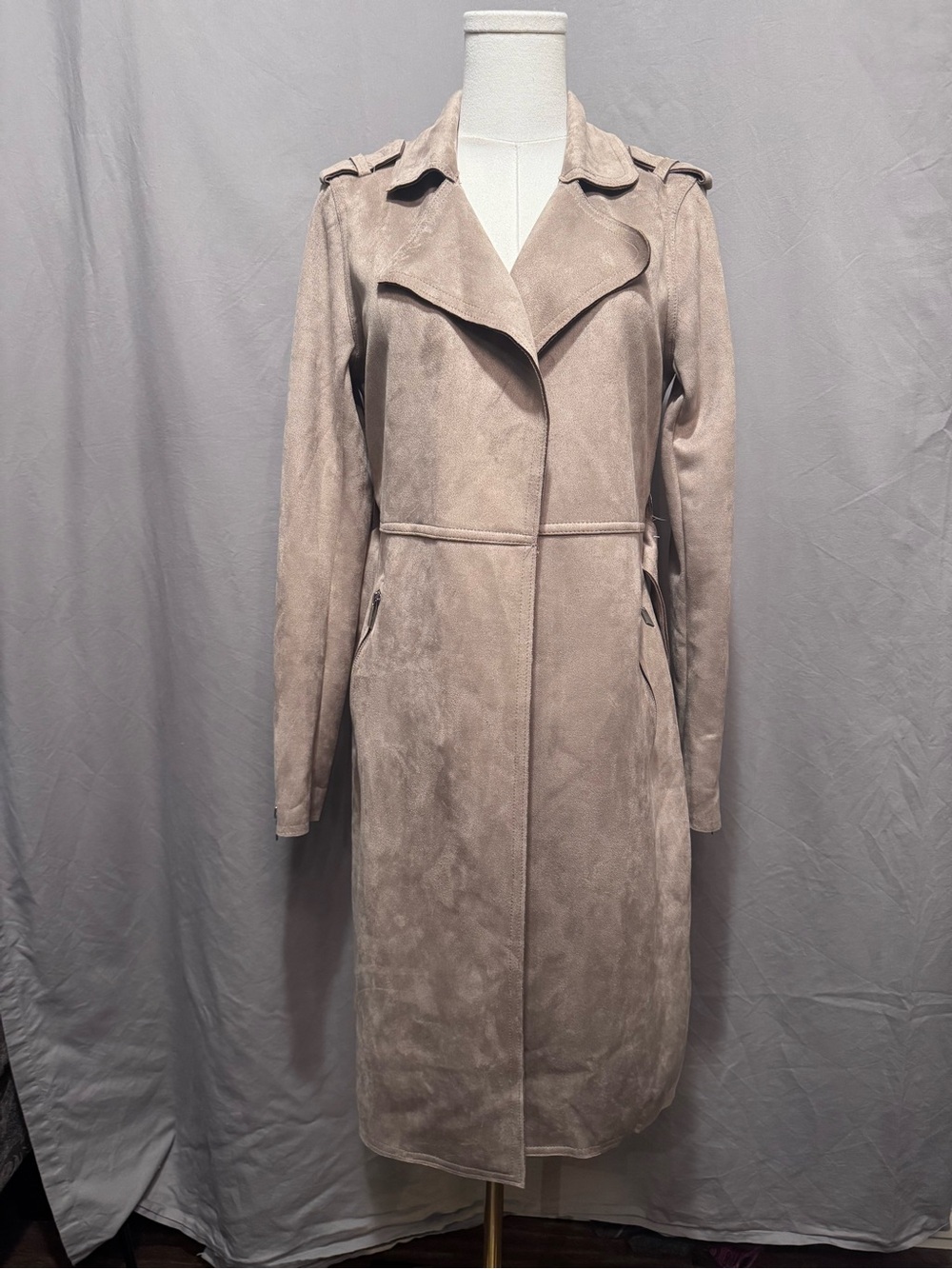 NWT Tahari Women's Taupe Faux Leather Long Trench Coat - S/P